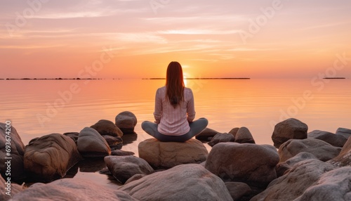 Serenity in yoga woman harmonizing body and mind  captivated by stunning seashore view from behind