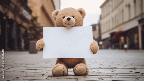 cute teddy bear holding a blank sign against the background of the park photo