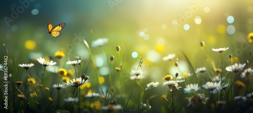 Colorful meadow with flowers and butterfliesblurred nature background with copy space on left.