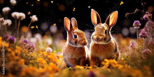 bunny doe and kitten in green grass © Karat