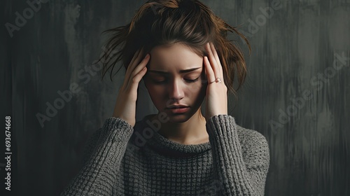a tired, exhausted teen girl holding her temple in pain against a grey background, the concept of headache, migraine, cephalalgia, hypertension, and premenstrual syndrome. photo
