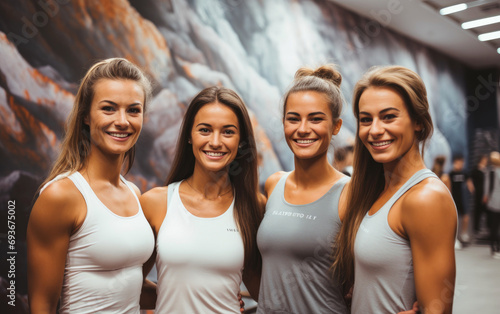 Group of smiling athletic beautiful women in a fitness studio