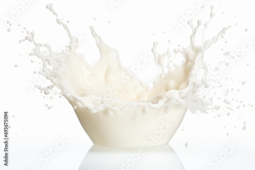 High speed capture of a single milk splash suspended in mid air against a clean white background