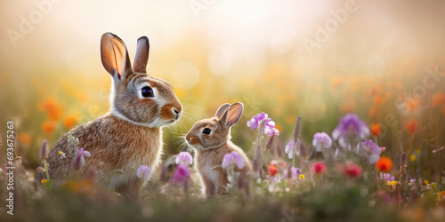 bunny doe and kitten in green grass