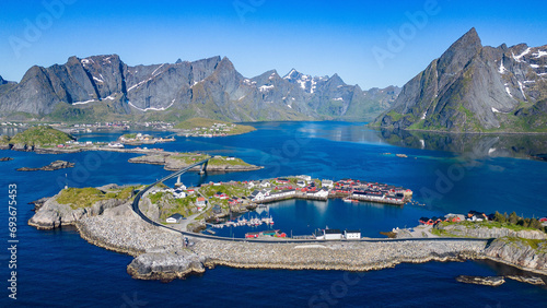 Beautiful Lofoten islands in Norway. Aerial view of Hamnøy fisher village. Famous tourist spot. photo