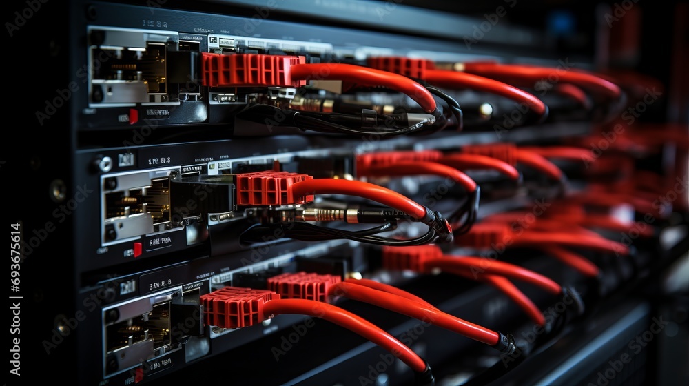 Fototapeta premium Assorted ethernet network cables properly connected to a switch for seamless connectivity