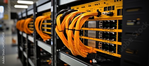 Close up of neatly arranged network ethernet cables plugged into a switch for seamless connectivity