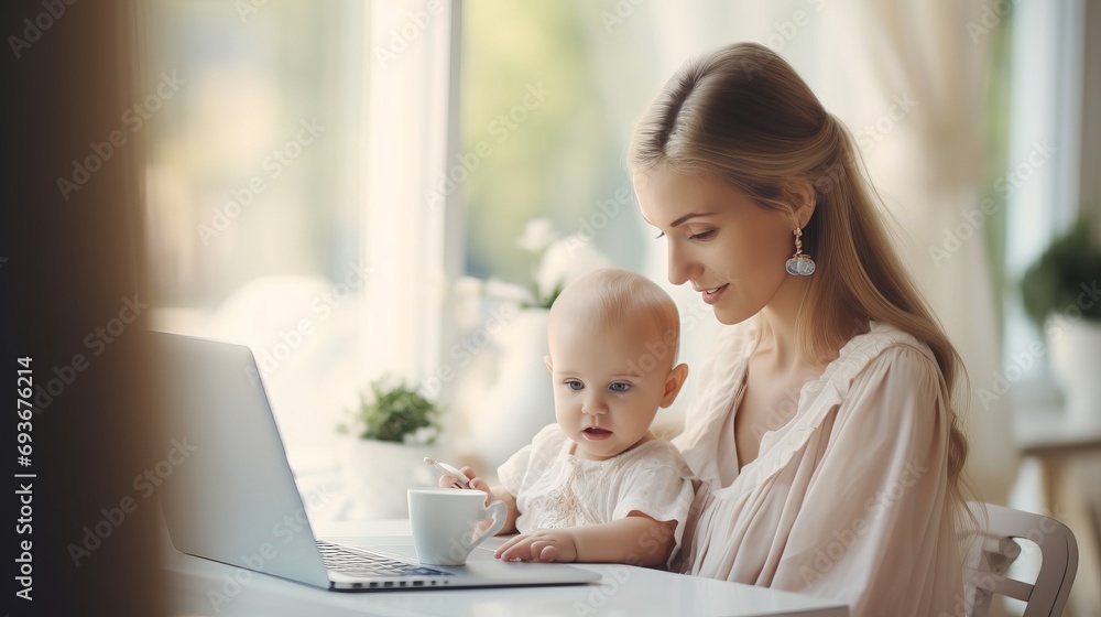 Caring mother multitasking with laptop and cradling newborn baby in modern bright home Caring mother multitasking with laptop and cradling newborn baby in modern bright home