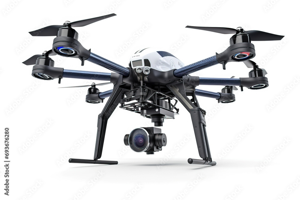 Wireless drone with remote control on a white background. AI generated. Wireless drone with remote control on a white background. AI generated.