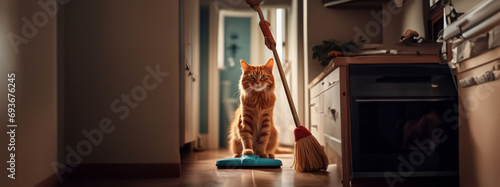 cat janitor in a janitor's suit cleans the house with a vacuum cleaner, cleaning company concept. photo