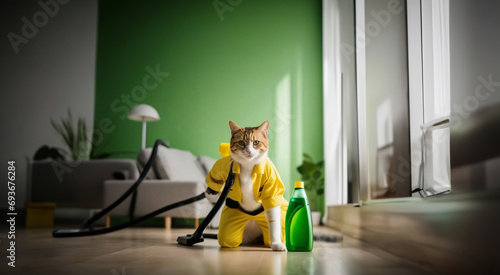 cat janitor in a janitor's suit cleans the house with a vacuum cleaner, cleaning company concept. photo