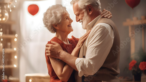 Senior couple hugging and smiling celebrating Valentine's Day, women's Day, wedding anniversary. A mature couple husband and wife are happy spending time together. The concept of romantic relationship photo