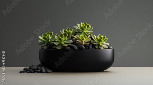 a succulent plant elegantly placed in a black pot, in a minimalist modern style, accentuating the simplicity and beauty of the succulent.
