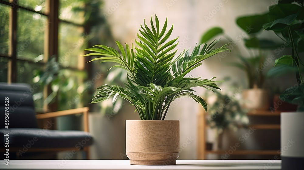 a plant thriving in a wooden pot, creating a vertical gardening background, offering an ideal interior design backdrop with a touch of natural elegance.