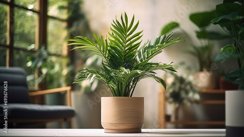 a plant thriving in a wooden pot, creating a vertical gardening background, offering an ideal interior design backdrop with a touch of natural elegance.