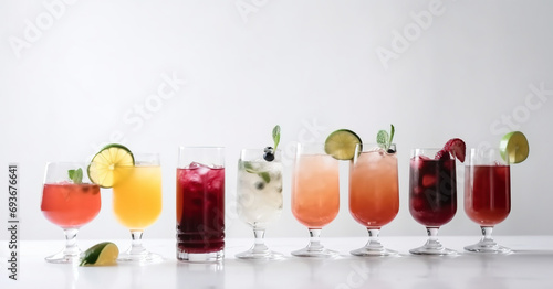Glasses with various alcoholic cocktails in a row with fruits, white background. AI generated.