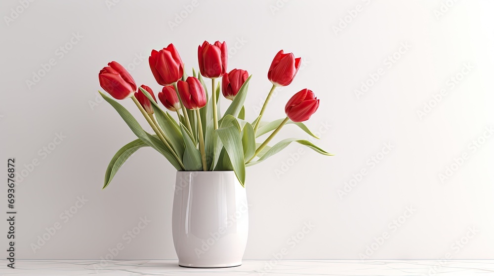 a beautiful bouquet of red tulips against a pristine white background, in a minimalist modern style, highlighting the elegance of these vibrant flowers.