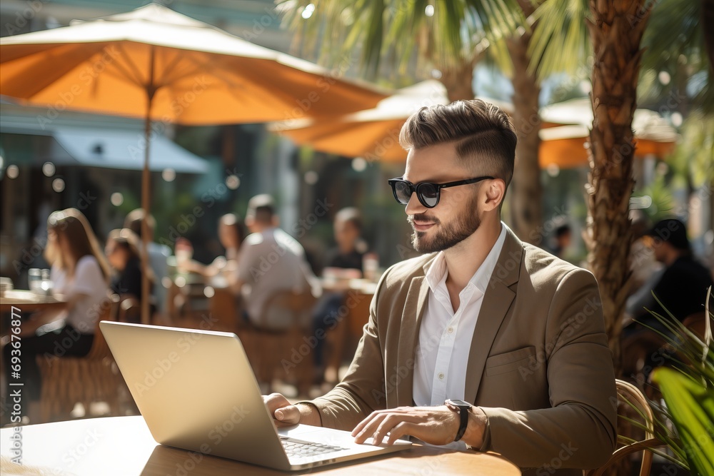 Successful asian businessman typing on laptop during remote work in a cozy cafe with a cup of coffee Successful asian businessman typing on laptop during remote work in a cozy cafe with a cup of coffee