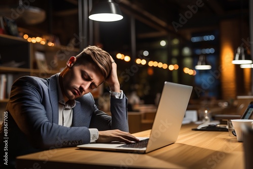 Exhausted office worker seeking respite from laptop work, desperately requiring a break and rest