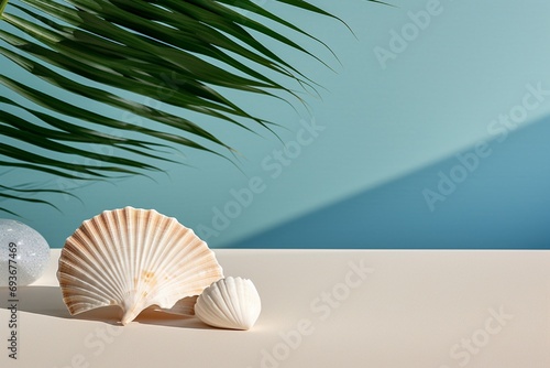 A minimalist and elegant beach backdrop with a green palm leaf and a sea shell, offering a clean space for writing