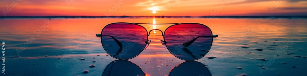 A minimalist photo of a pair of sunglasses reflecting a stunning summer sunset - obrazy, fototapety, plakaty 