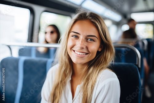 Cheerful woman holding handle on colorful public bus with defocused background and copy space