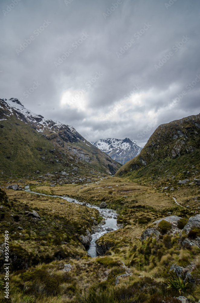 Mountain river passing through a valley in New Zealand. This photo was taken on a hike on Routeburn track.