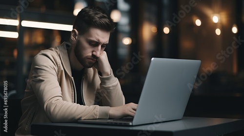 Stressed professional seeking relief from laptop work, experiencing fatigue and headache