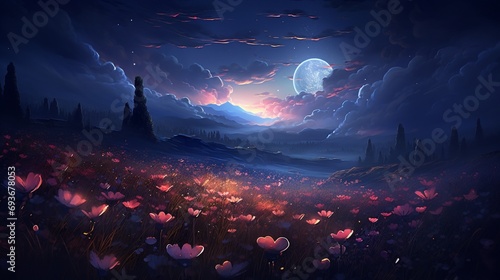 A mystical scene of a full moon illuminating a field of blooming night flowers