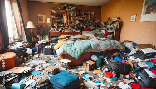 Messy room. Compulsive hoarding disorder concept.