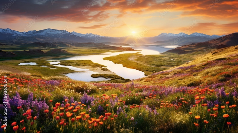 A panoramic view of a valley filled with colorful wildflowers and a meandering river - obrazy, fototapety, plakaty 