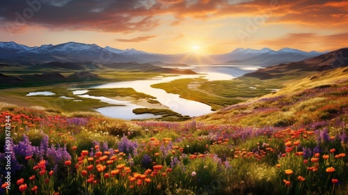 A panoramic view of a valley filled with colorful wildflowers and a meandering river