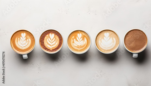 Stylish overhead view of coffee mugs on white stone table for cozy beverage presentation