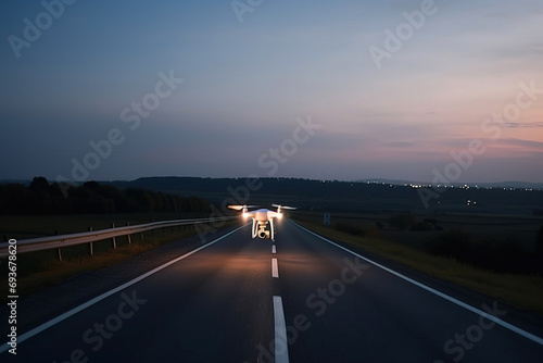 The drone flies at night on the road, illuminating with spotlights. AI generated.