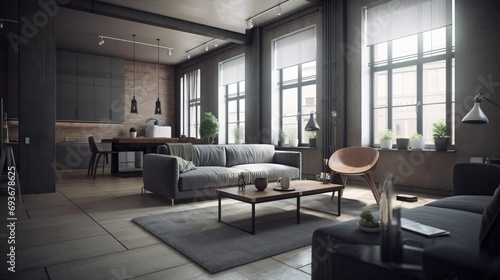 Design of a cozy living room interior in a modern Scandinavian style. AI generated.