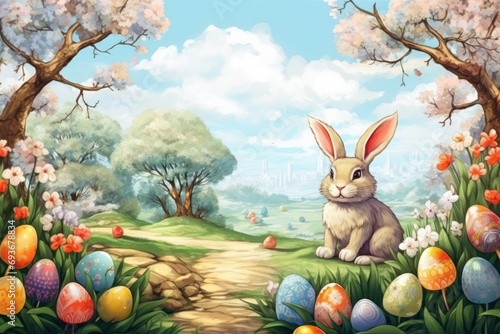 Easter bunny and Easter eggs on green grass. Generative ai image