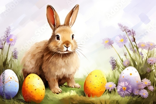 Easter bunny and Easter eggs on green grass. Generative ai image