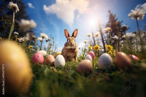 Easter bunny and Easter eggs on green grass. Generative ai image