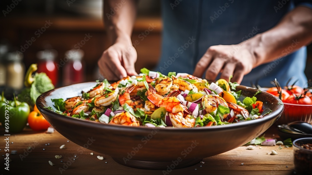 Chef cooking tiger prawn on modern kitchen with blurred background and copy space for text