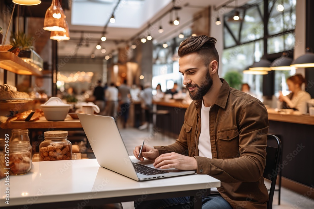 Professional caucasian freelancer working remotely, attentively reading news on laptop Professional caucasian freelancer working remotely, attentively reading news on laptop