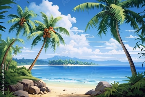 A serene beach landscape, where towering palm leaves create a natural frame for the view of a peaceful island oasis