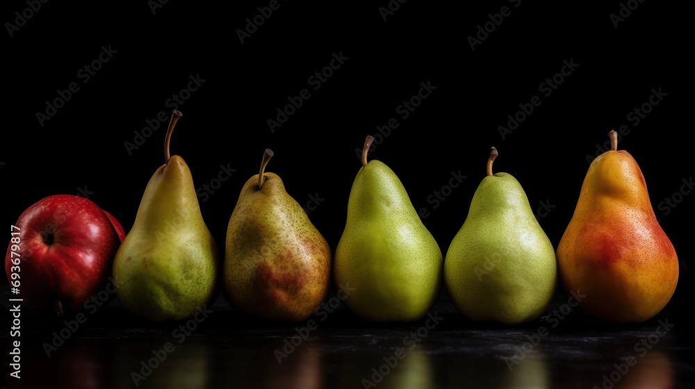 Different varieties of pears in a row, fresh fruits, black background isolate. AI generated. Different varieties of pears in a row, fresh fruits, black background isolate. AI generated.