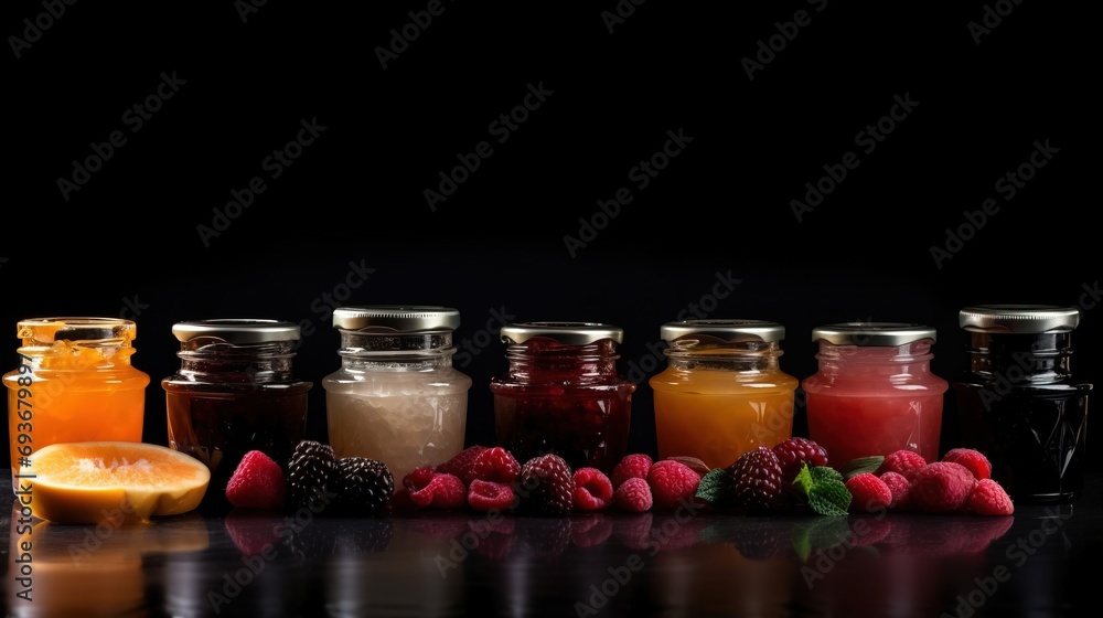 Colored jars of different jams with fresh berries and fruits stand in a row, black background. AI generated. Colored jars of different jams with fresh berries and fruits stand in a row, black background. AI generated.