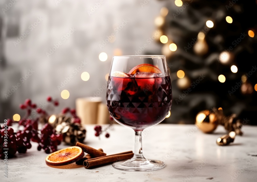 A glass of red wine with orange slices and cinnamon sticks. Generative AI. A glass of red wine with orange slices and cinnamon sticks. Generative AI.