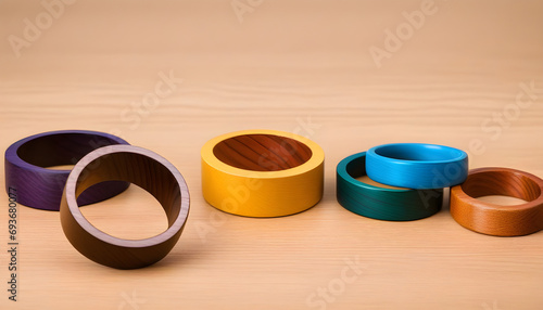 Colorful ring-shaped wood pieces representing diversity and inclusion in society