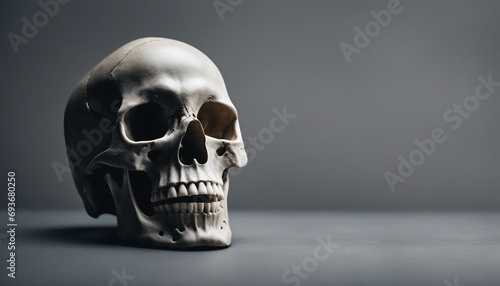 Human skull on grey background with copy space photo