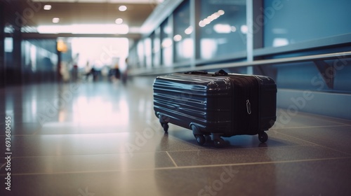 Black suitcase on wheels in the lobby of the airport, the road to the resort or business. AI generated. photo