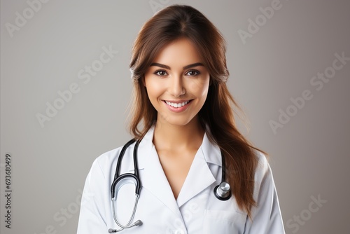 Smiling female doctor with stethoscope on grey background, healthcare concept, positive image.