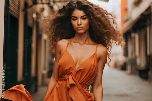 A woman with voluminous curly hair and an orange dress poses confidently on a city street, her presence commanding attention. photo