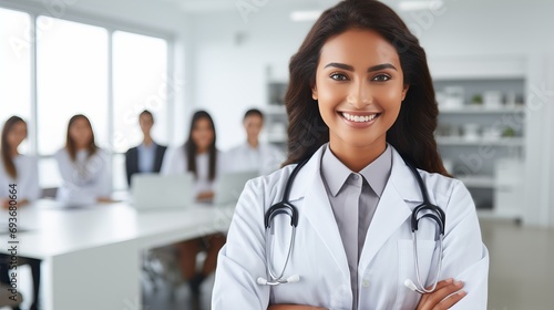 Smiling female doctor with stethoscope on grey background, healthcare and medical staff concept.